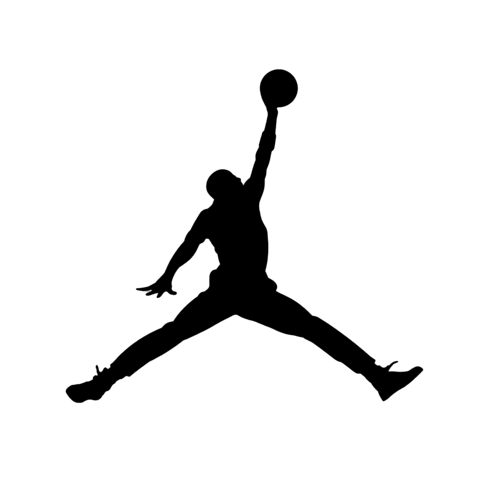 Black silhouette of a person jumping with a basketball on a white background