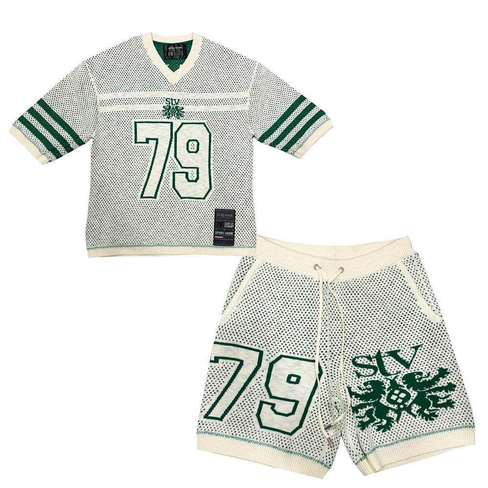 Si Tu Veux Sweater Knit And Football Shorts Set Creme/Green